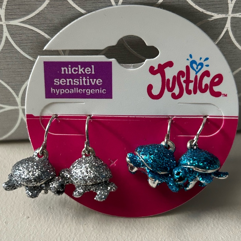 Justice Glitter Turtle Dangle Earrings Silver & Blue NWT